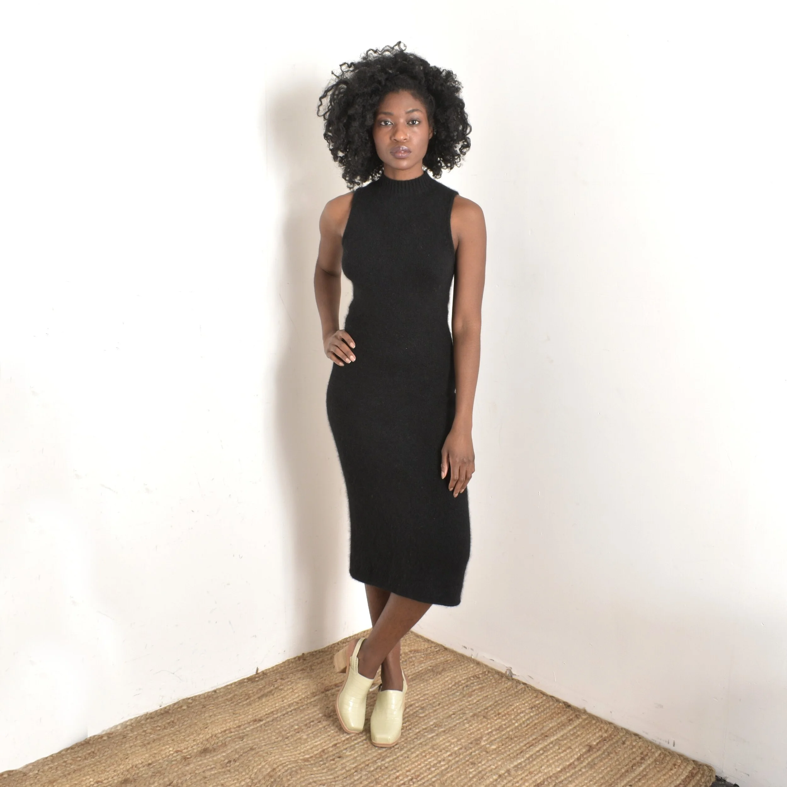 90s Black Angora Sweater Dress XS S M La Poubelle Vintage